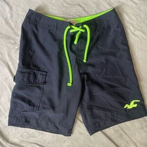 Hollister Men's Blue Board Shorts with Bright Green Details